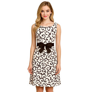 VTG 80s 90s Jessica Howard Fit Flare Dress 10 White Brown Bow Sleeveless Whimsy